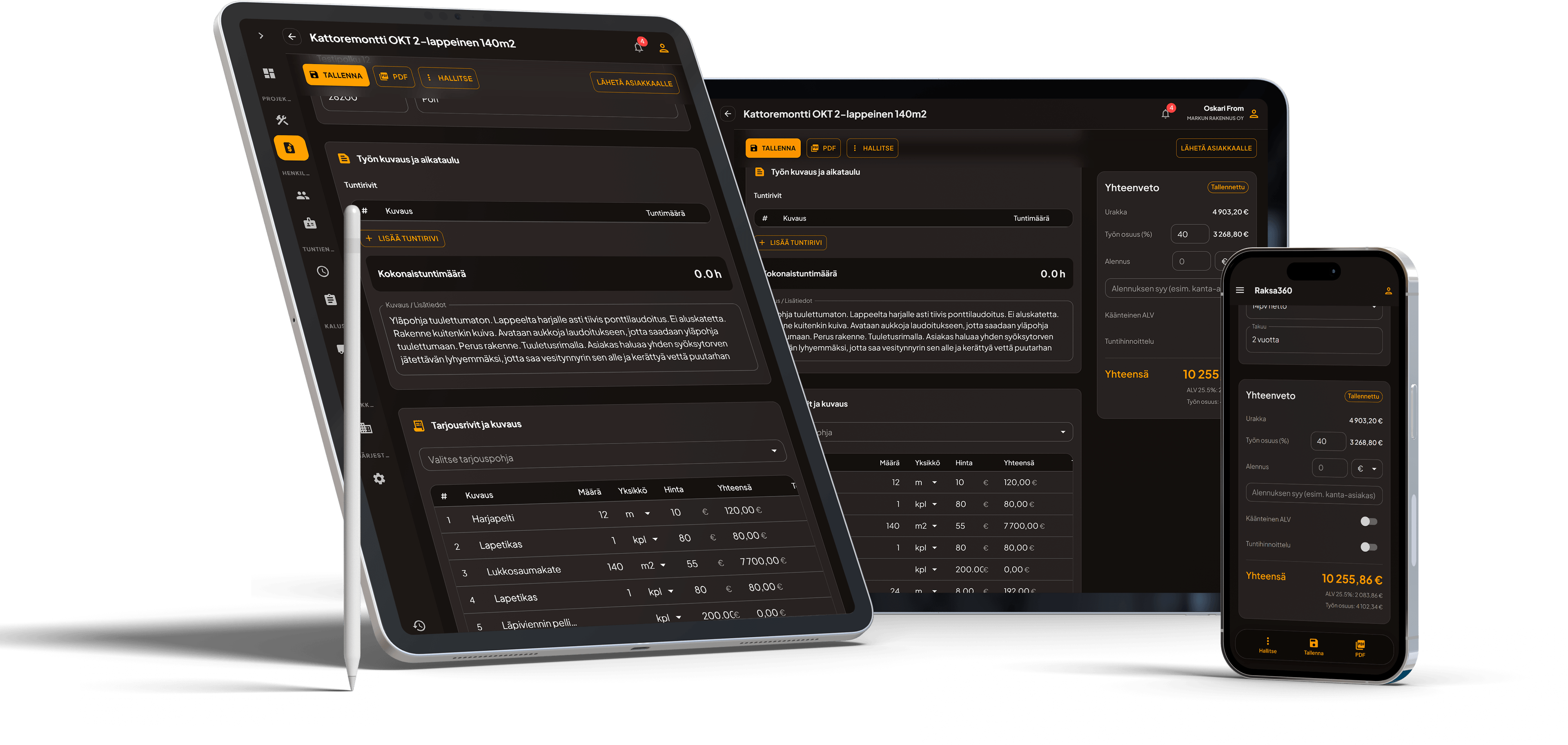 Raksa360 ohjelmiston esittelykuva – projektinhallinta, kalusto ja luvat yhdessä näkymässä